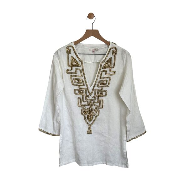 Barbara Gerwit 100% Linen V Neck Tunic Top Beaded Women's Med. - Picture 1 of 6